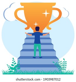 Vector illustration of modern style successful businessperson, achievement concept. Person Character with Prize, Gold Cup. Office Workers Celebrate with Big Trophies. Achievement of the best employee.