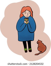 Vector illustration in modern style for web. Girl, coffee, cat