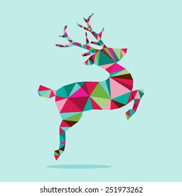 A vector illustration of modern and stylish geometric triangle christmas reindeer on a light blue background.