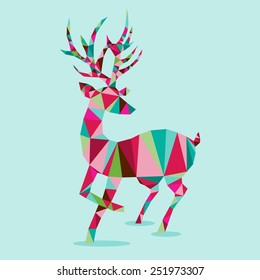 A vector illustration of modern and stylish geometric triangle christmas reindeer on a light blue background.