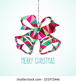 A vector illustration of modern and stylish hanging geometric triangle christmas bell on a light blue background.