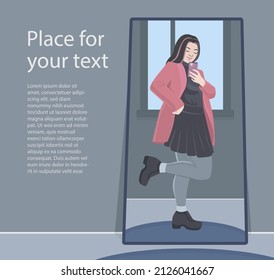Vector illustration of a modern stylish plus asian girl with colored hair who looks at her reflection in mirror and making selfie in a room. 