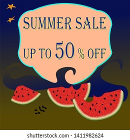 vector illustration of modern summer banner template design summer discount travel ocean, beach,night starry sky,and red watermelon skibs, stylish text, discount up to 50% on blue background.