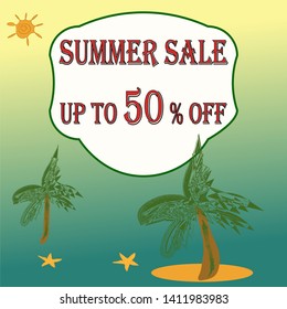 vector illustration of modern summer banner template design summer discount travel ocean,island, palm trees, stylish text, discount up to 50% on blue background.For your website,newspaper,flyers 