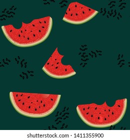 vector illustration modern summer design pattern dark background with watermelon pieces black seeds can be used for fabric design, backgrounds, wrapping paper, bags