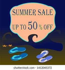 vector illustration of modern summer discount banner template design.  Ocean,sand, beach shoes, stylish text.For your website,newspaper,flyers .Vector graphics