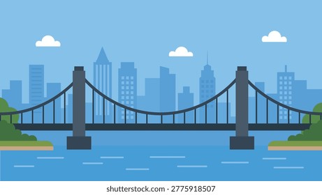 Vector illustration of a modern suspension bridge over a blue river with a city skyline background and green riverbanks.