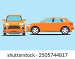 Vector illustration of modern SUV car in cartoon flat style. Simple picture of land vehicle transportation. Familiy car front and side view. Modern technology automobile. Colorful exterior body car