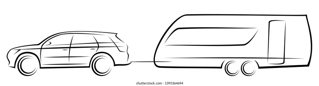 Vector illustration of a modern SUV car towing an aerodynamic trailer for camping and adventures during the journeys