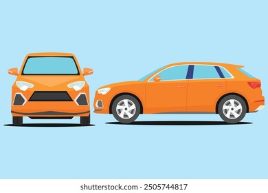 Vector illustration of modern SUV car in cartoon flat style. Simple picture of land vehicle transportation. Familiy car front and side view. Modern technology automobile. Colorful exterior body car