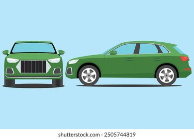 Vector illustration of modern SUV car in cartoon flat style. Simple picture of land vehicle transportation. Familiy car front and side view. Modern technology automobile. Colorful exterior body car