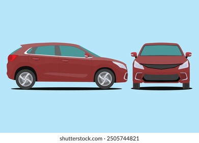 Ilustración vectorial de coche SUV moderno en estilo plano de dibujos animados. Imagen simple del transporte de vehículos terrestres. Vista frontal y lateral del coche familiar. Automóvil de tecnología moderna. Coche exterior colorido del cuerpo