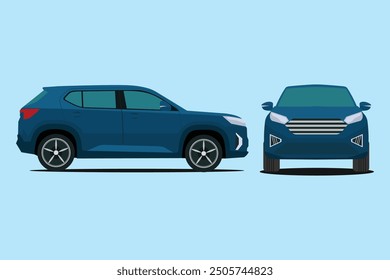 Vector illustration of modern SUV car in cartoon flat style. Simple picture of land vehicle transportation. Familiy car front and side view. Modern technology automobile. Colorful exterior body car