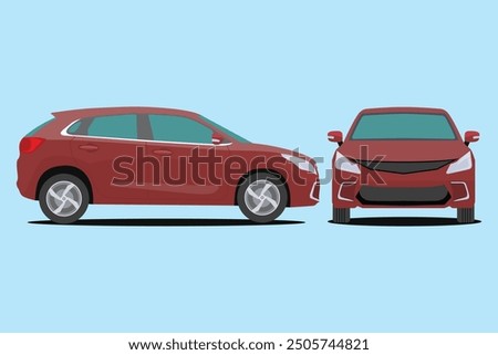 Vector illustration of modern SUV car in cartoon flat style. Simple picture of land vehicle transportation. Familiy car front and side view. Modern technology automobile. Colorful exterior body car