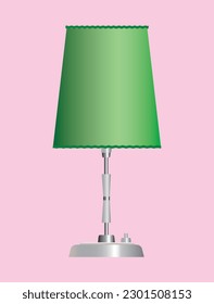 Vector illustration of a modern table lamp with a metallic base and green lampshade on a soft pink background, representing home interior lighting or minimalist room decor.