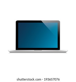 vector illustration of modern thin laptop with blue screen on white background