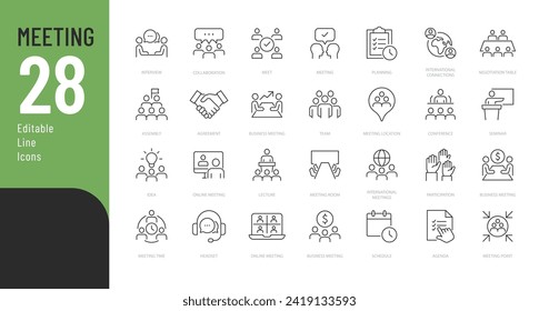 Vector illustration in modern thin line style of business related icons: types of meetings, call, online meetings, and more. Isolated on white