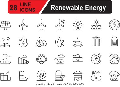Ilustração vetorial no estilo moderno de linha fina de ícones de energia renovável: solar, eólica, ecológica e muito mais. Pictogramas e infográficos.