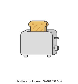 Ilustração vetorial de uma torradeira moderna com uma fatia de pão aparecendo, simbolizando café da manhã, aparelho de cozinha, rotina matinal e culinária.