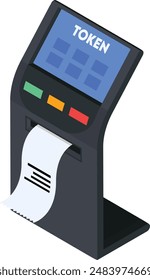 A vector illustration of a modern token dispenser machine. The design features a sleek black machine with a digital screen labeled "TOKEN" and a slot dispensing a printed ticket.