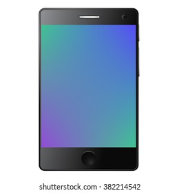 Vector illustration of modern touch screen smart phone with reflection. Isolated on white background. Circle button. Gradient screen. Green. Blue. Purple. Front camera. 