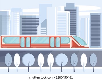 Vector illustration of a modern train moving around the city. Skyscrapers or downtown in the background.