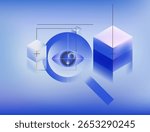Vector illustration in modern trendy digital-art and 3D gradient style: a blue eye inside a magnifying glass with geometric cubes on a soft blue background. Tech, search, and analysis theme.