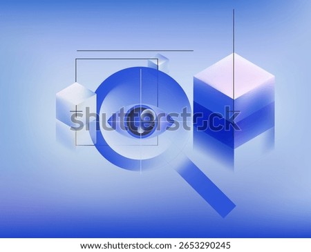 Vector illustration in modern trendy digital-art and 3D gradient style: a blue eye inside a magnifying glass with geometric cubes on a soft blue background. Tech, search, and analysis theme.