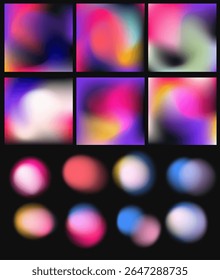 Vector illustration of modern, trendy gradients with vibrant neon colors like pink, purple, blue, and yellow. Set of soft blurs for poster, presentation and background design.