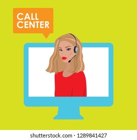 Vector illustration of modern trendy pretty girl with headphones. Call center. Computer. Flat graphics