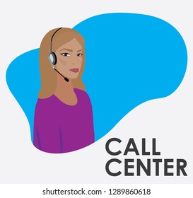 Vector illustration of modern trendy pretty girl with headphones. Call center.  Flat graphics. Office staff