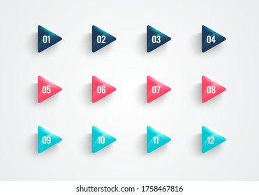 Vector Illustration Modern Triangle Bullet Point Set. Points With Number 1 To 12.