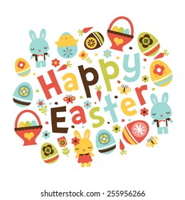 A vector illustration of a modern twist retro folk art inspired happy easter phrase surrounded by easter symbols like easter bunny, easter eggs basket, easter eggs and cute decorative design elements.