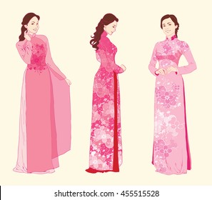 Vector illustration modern Vietnamese women wearing traditional costumes Ao Dai.