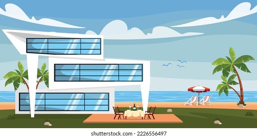 Vector illustration of a modern villa. Cartoon sea landscape with house by the sea, palm trees, table with wine, sun lounger with parasol.