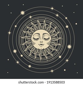 Vector illustration in modern vintage mystical style for tarot card, astrology, heavenly boho design. Golden sun with a face on a dark background with stars. Graphic stylization of engraving