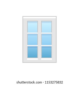 Vector illustration of modern vinyl casement window. Flat icon of aluminum window with 2 movable panels and decorative muntins. Isolated object on white background. 