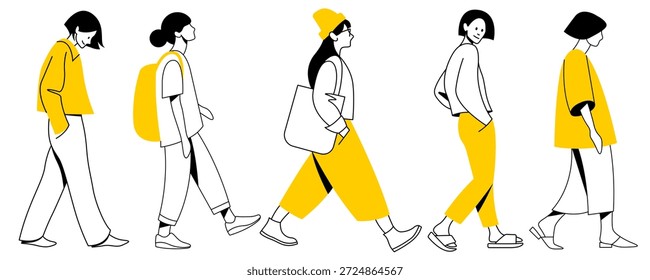 Ilustração vetorial de pessoas caminhando modernas em estilo linear minimalista com acentos amarelos. Caracteres de design plano isolados no plano de fundo branco

