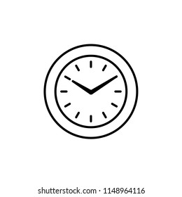 Vector illustration of modern wall clock. Line icon of  simple round office timepiece with clock hands. Isolated object on white background. Front view.