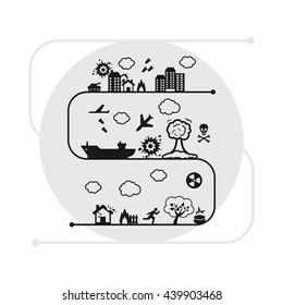 vector illustration / modern war concept / examples of bombing destruction battles are given on one line symbolical image