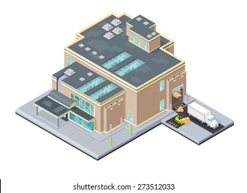 A vector illustration of a modern warehouse distribution center. Isometric Warehouse factory. Isometric Industrial outlet factory facility.