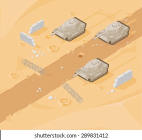 A vector illustration of  modern warfare based in the desert.
Tank warfare illustration in desert battlefield.
Destroyed landscape in the middle east.