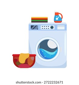 Vector illustration of a modern washing machine with water inside the drum, detergent bottle on top, folded towels, and a laundry basket filled with clothes