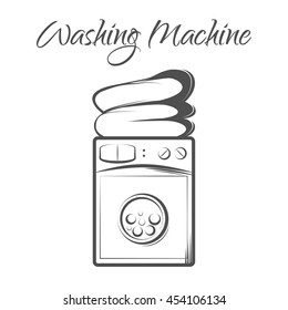  vector illustration of modern washing machine with linen. Washing clothes