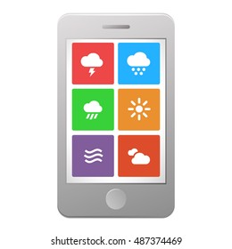 Vector illustration of a modern Weather widget with flat icons on a screen at smartphone 