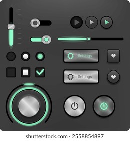 A vector illustration of a modern web UI toolkit with interactive elements, including sliders, buttons, toggle switches, settings icons, and power controls