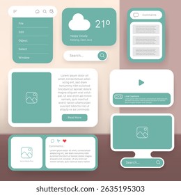 Vector illustration of a modern web UI kit featuring various interface elements including weather widget, search bar, video player, social media post layout, comment section, and navigation menu