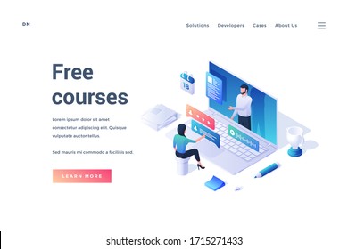 Vector illustration of modern website design with isometric person studying online on source of free courses isolated on white background