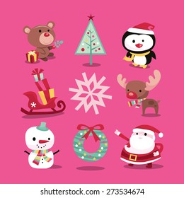 A vector illustration of modern whimsical christmas icons like christmas symbols and characters like teddy bear, christmas tree, penguin, sleigh, snowflake, reindeer, snowman, wreath and santa claus.