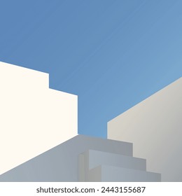 Vector illustration of modern white architecture. Minimal architectural building poster. Summer mood. Blue, white. Florida, Greece. Minimalist building. Architecture